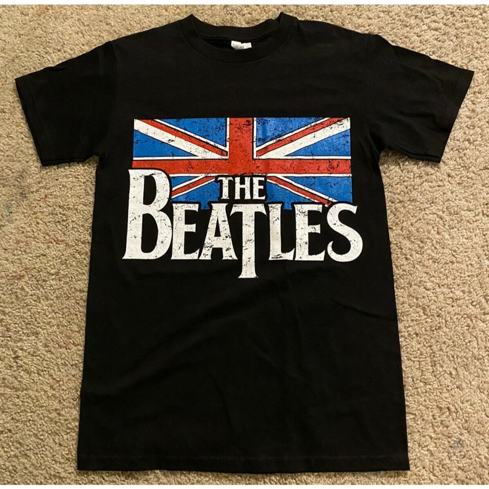 The Beatles Adult Men’s  T Shirt Black W/ British Flag Size S